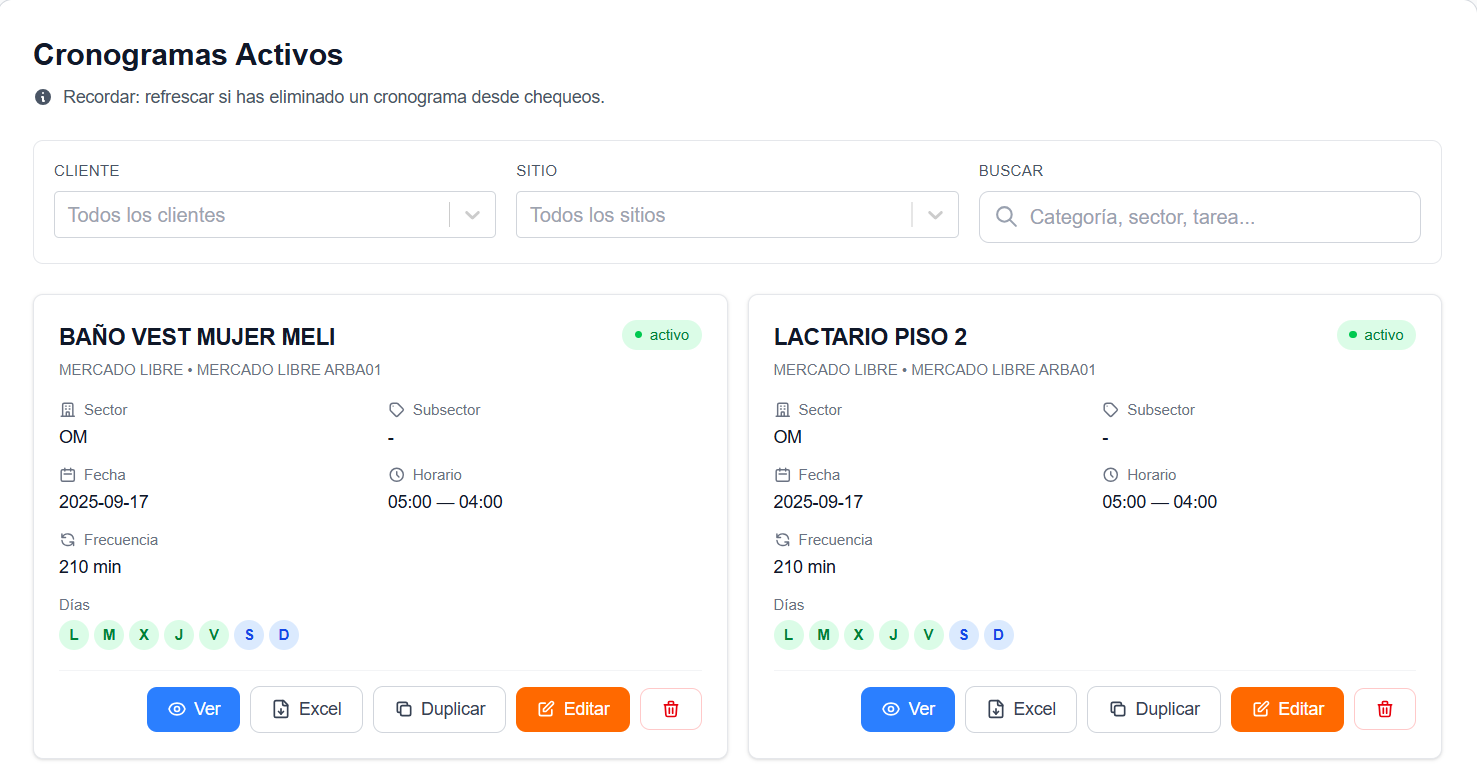 Lista de cronogramas